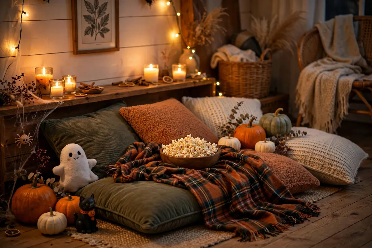 Halloween decor idea 20: The Halloween Movie-Night Corner — cozy American home Halloween decoration photo