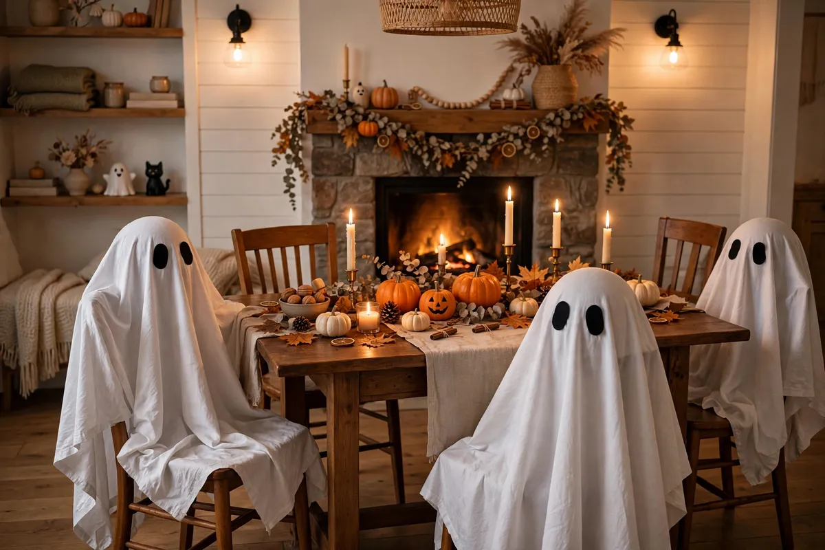 Halloween decor idea 23: Ghost Chairs at the Dinner Table — cozy American home Halloween decoration photo