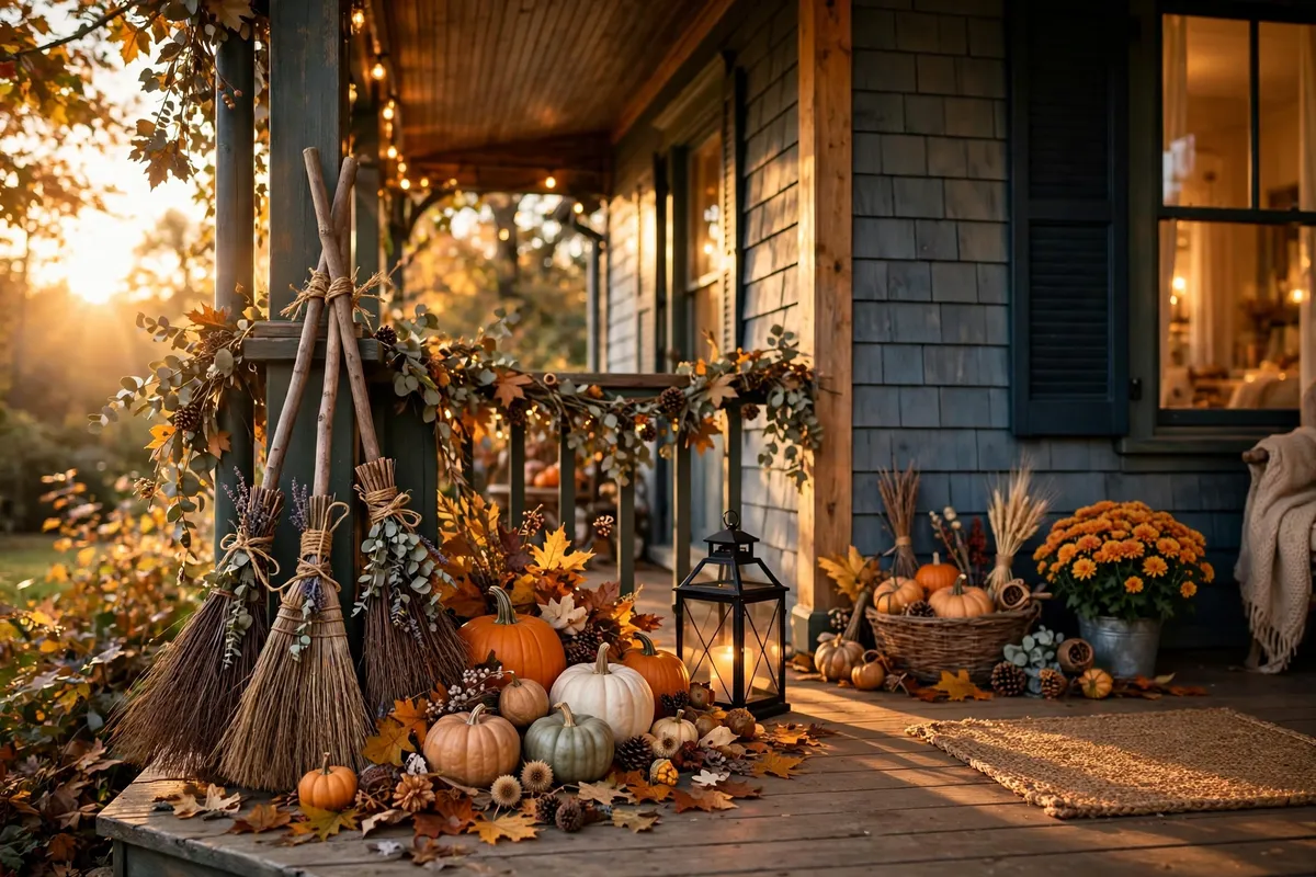 Halloween decor idea 24: The Witch Broom Porch Corner — cozy American home Halloween decoration photo