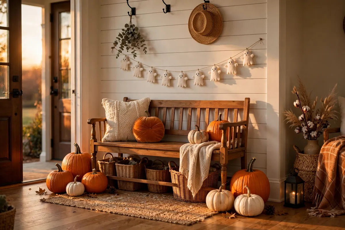 Halloween decor idea 25: An Entryway That Says 'Boo' Politely — cozy American home Halloween decoration photo