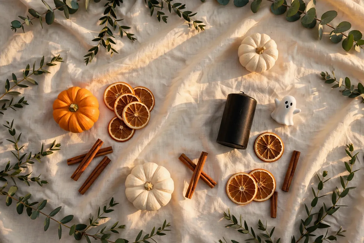 Halloween decor flat lay with mini pumpkins, black candle and a ceramic ghost