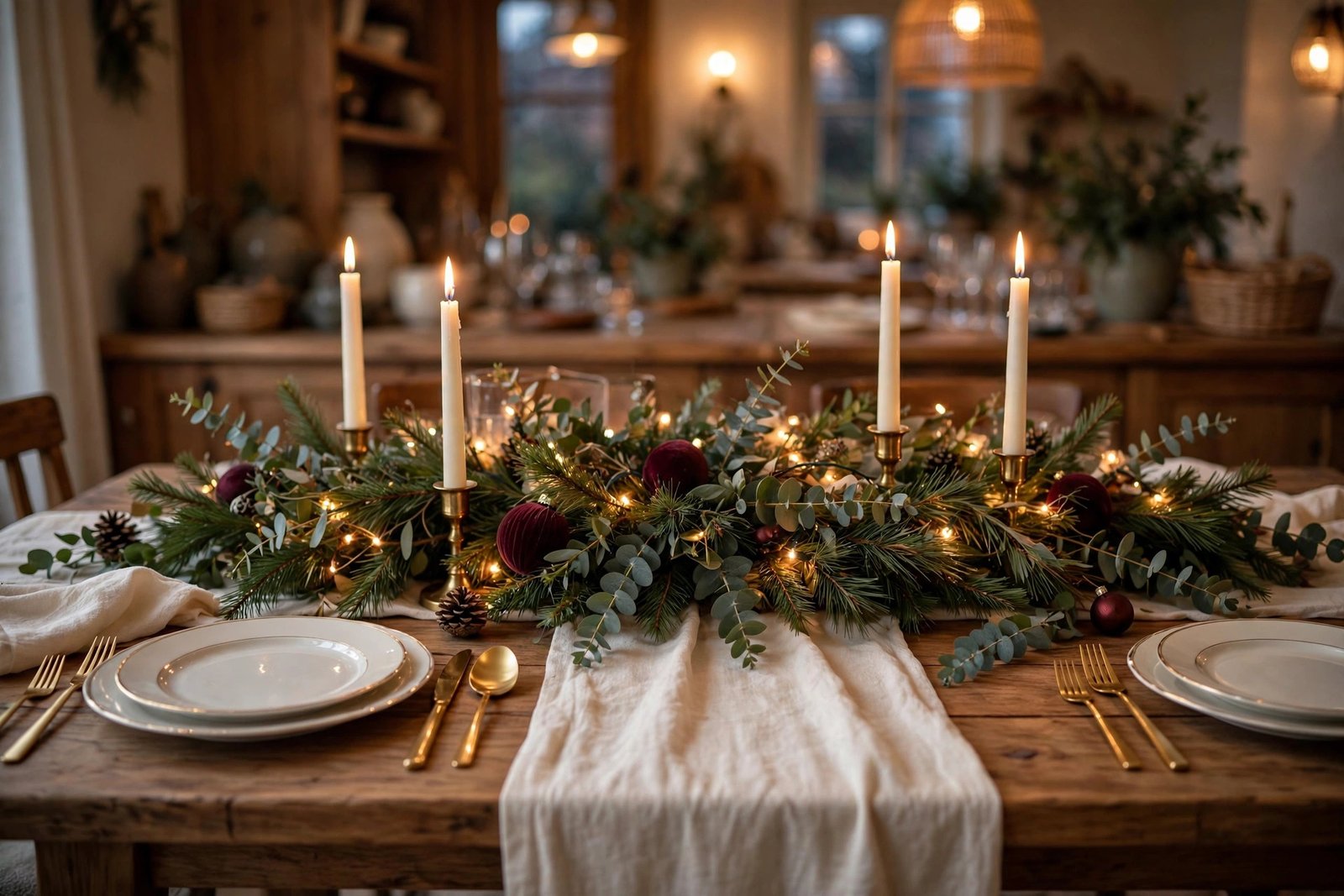 Festive Christmas tablescape with candles, garland and holiday table decor
