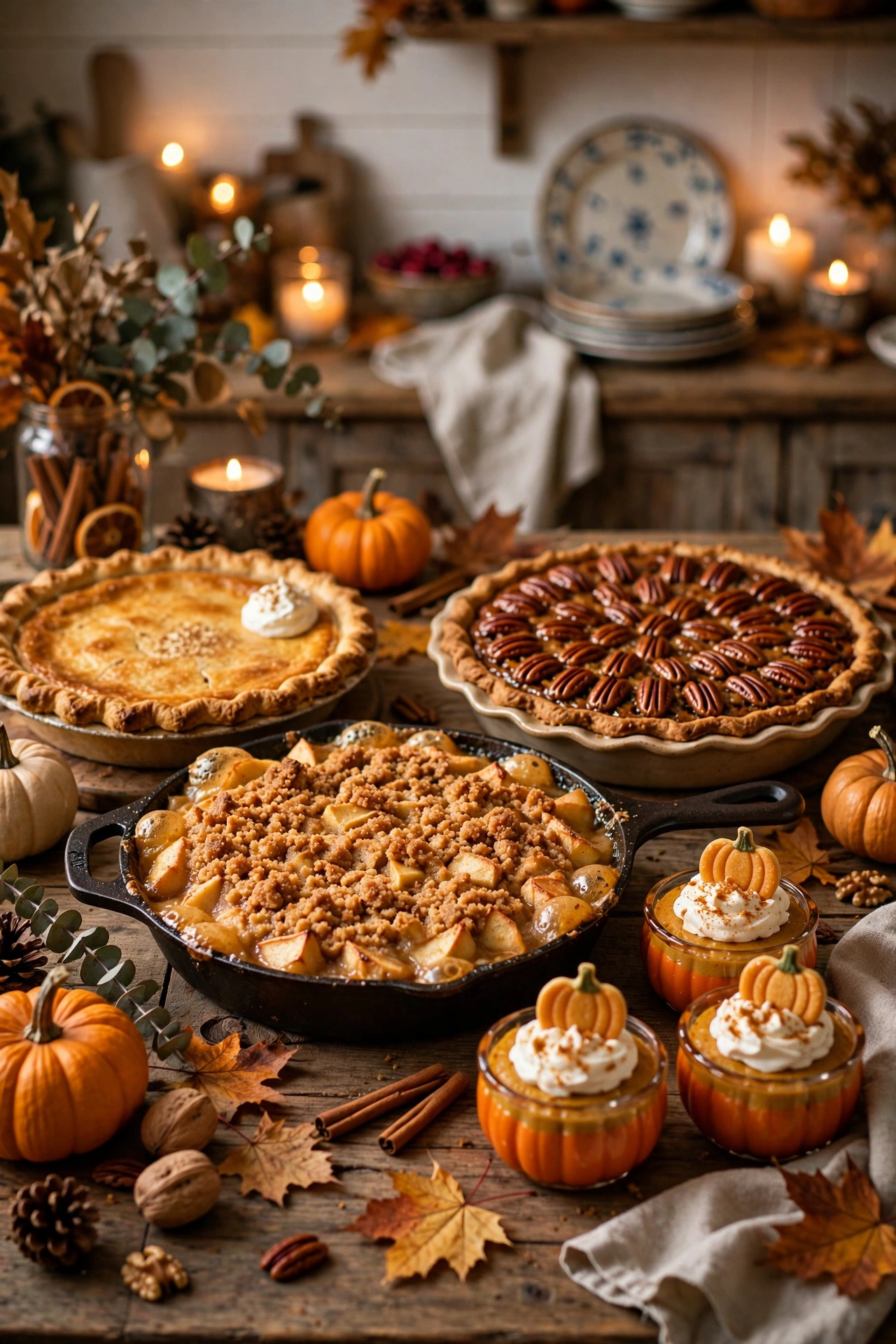 Holiday dessert table with 15 easy Thanksgiving desserts including pecan pie, pumpkin cheesecake bars, apple crisp and make-ahead treats