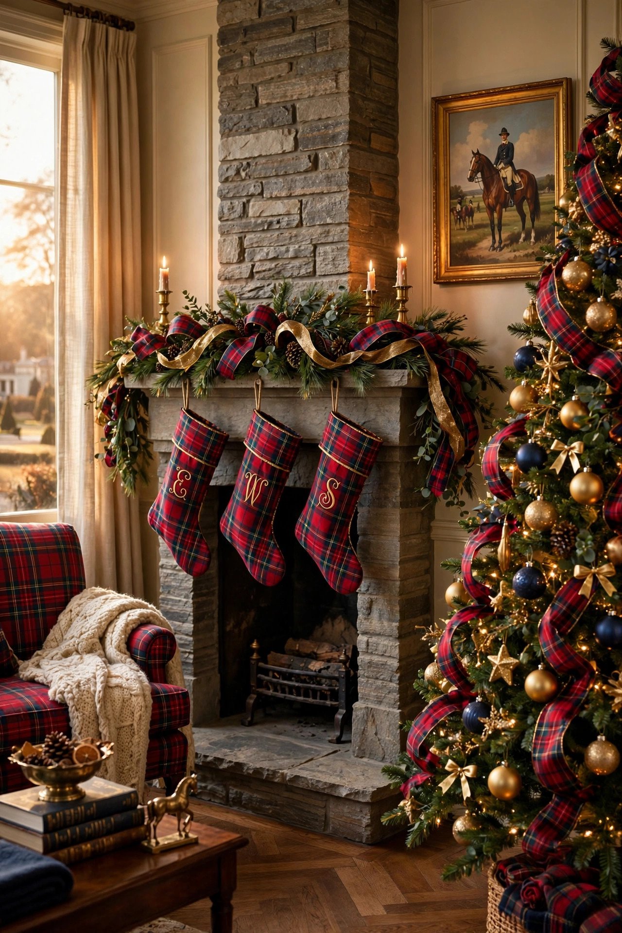 Ralph Lauren Christmas decor living room with tartan garland and decorated tree.