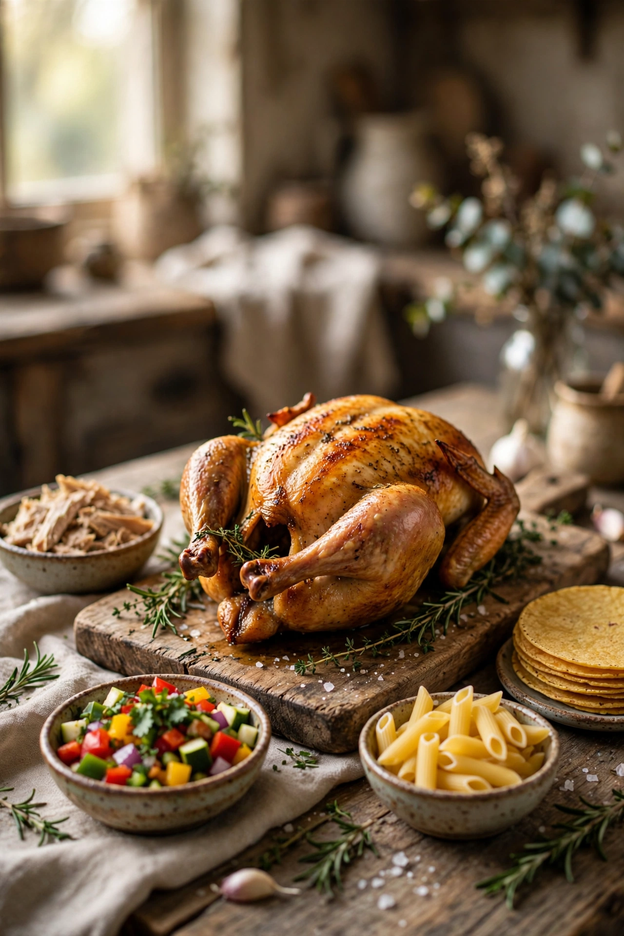 Rotisserie chicken with ingredients for three dinners — soup, tacos, and pasta