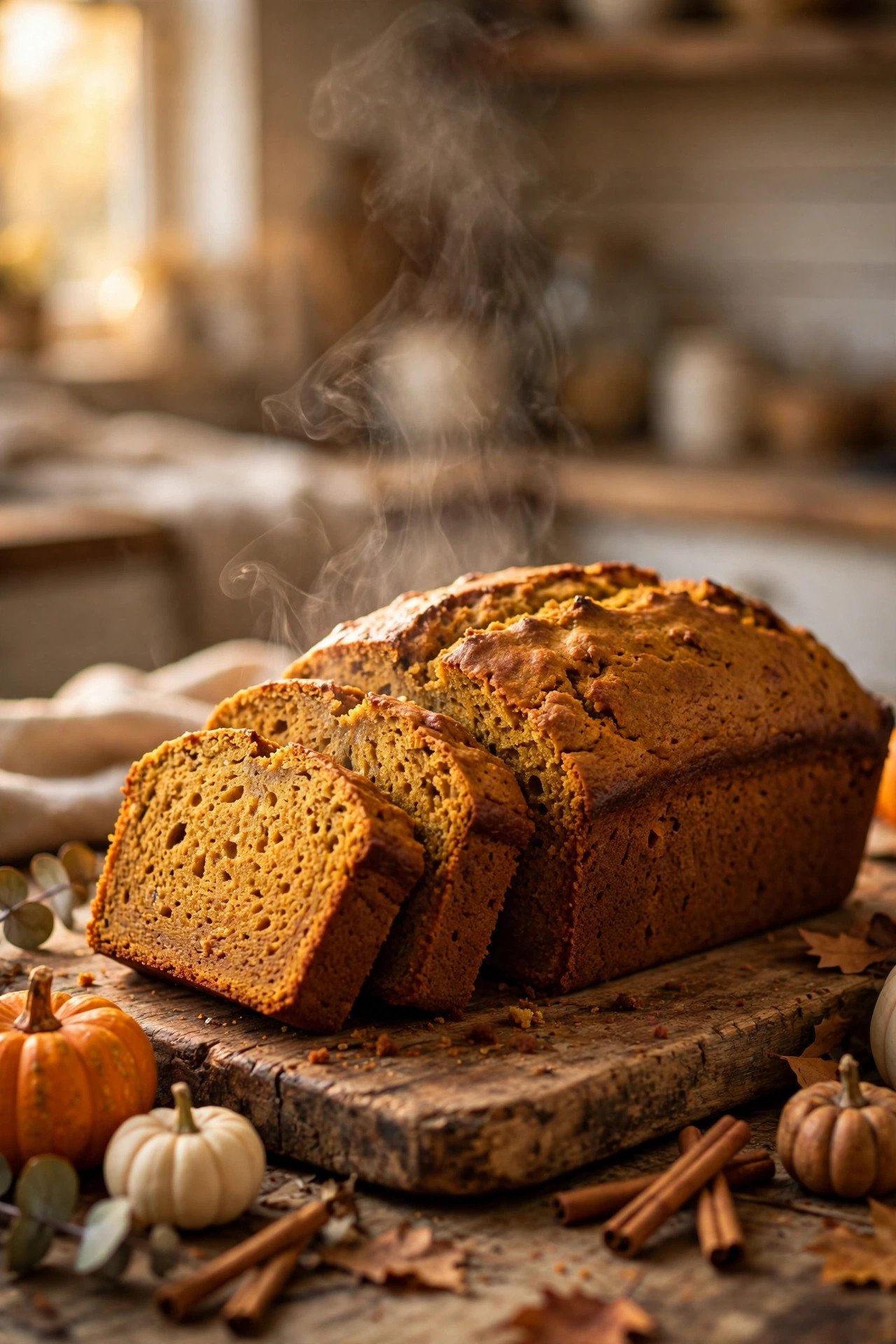 Moist pumpkin bread loaf sliced on a rustic wooden board with fall decorations