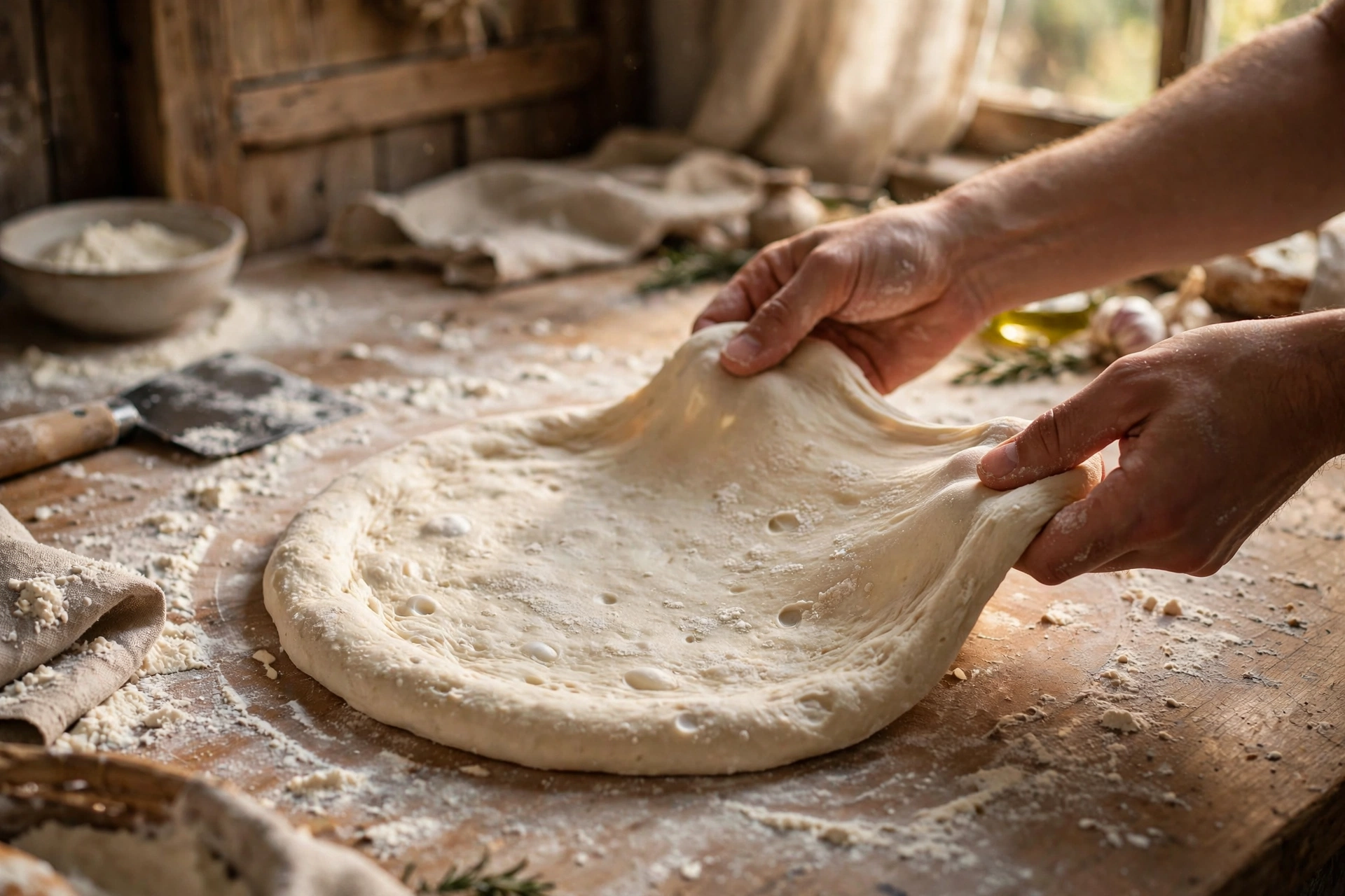 Fresh homemade pizza dough balls with flour, only five simple ingredients